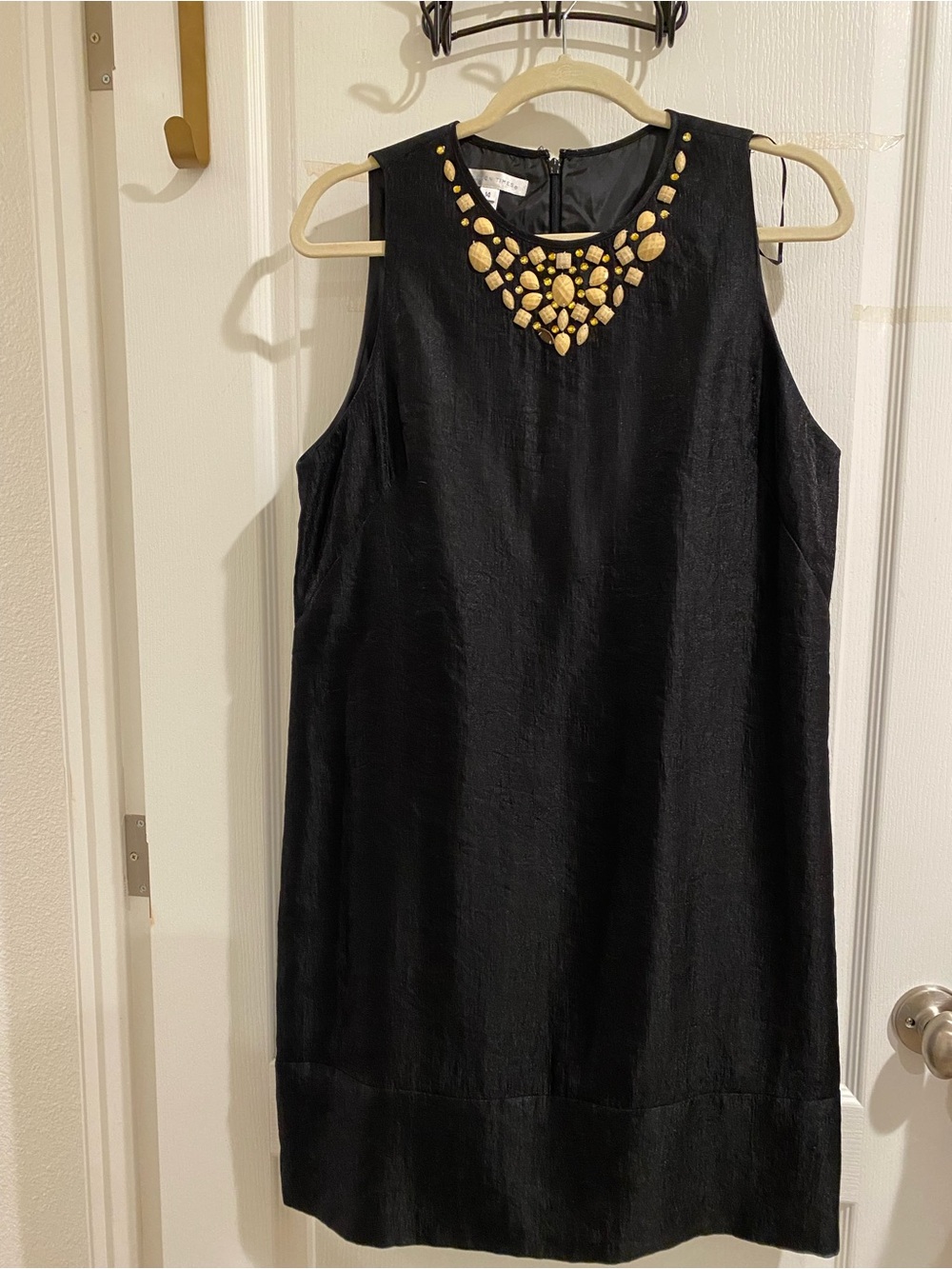 London Times Black Sleeveless Shift Dress with Gold Studded Jewel Neck